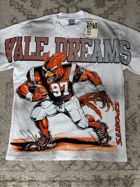 Vale Dreams Men's White Graphic Football Tee with Orange Accents